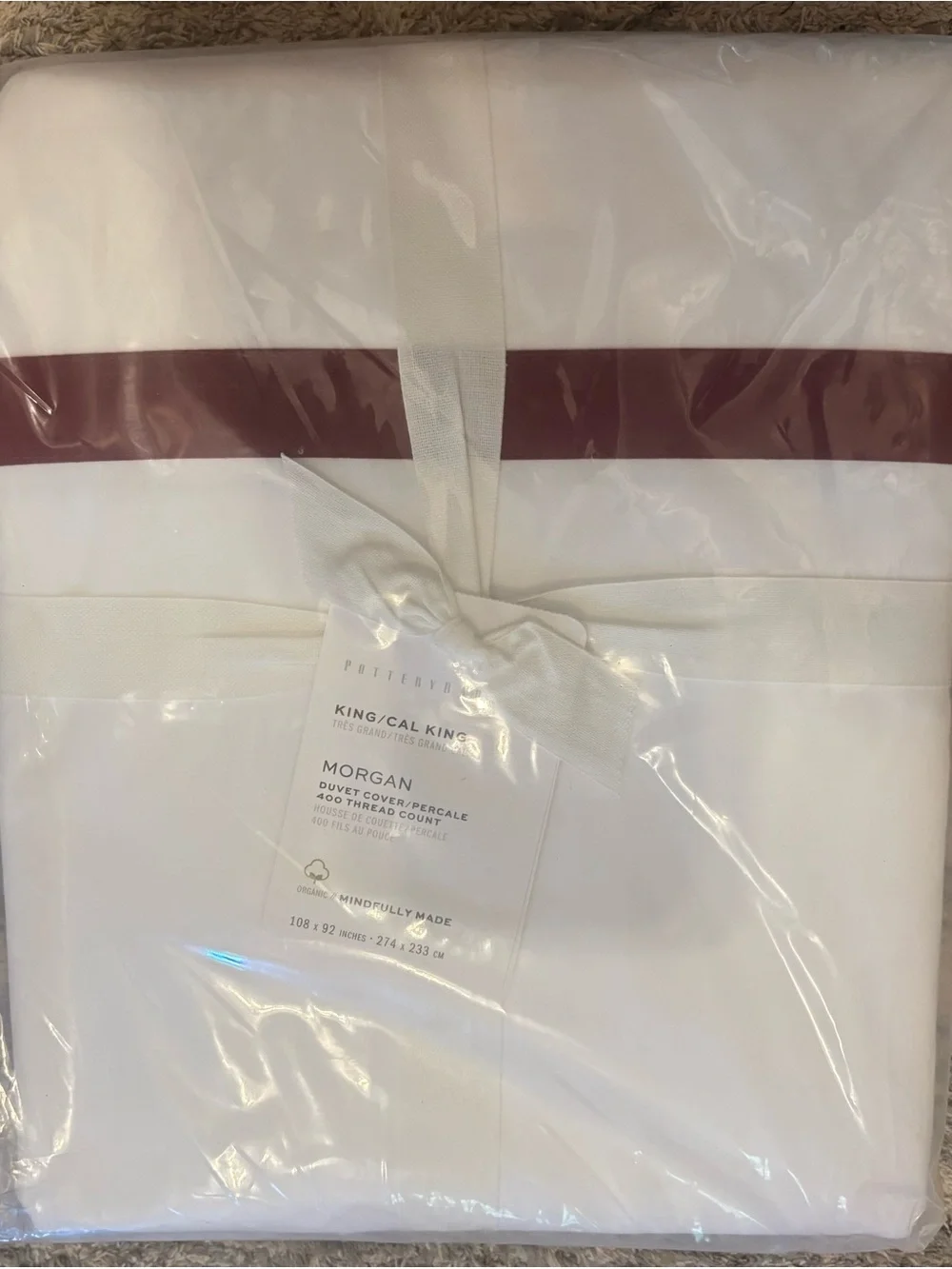 Pottery Barn White Duvet Cover with Burgundy Stripe